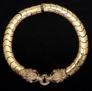 Vintage Ciner Signed Lion Rhinestone Articulated Gold Metal Choker Necklace