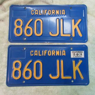 California License Plates - Matched Pair - Blue Background,  Yellow Letters - - 1974