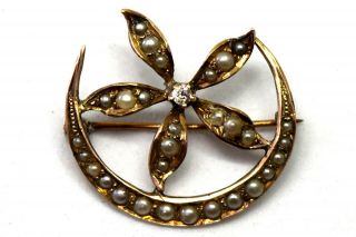 Antique Victorian 10k Solid Rose Gold,  Natural Diamond And Pearl Pin/brooch