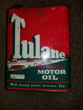Rare Vintage 2 Gallon Tulane Car Graphics Motor Oil Can Gas Station Advertising