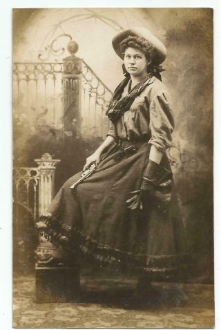 1910 Rppc Postcard,  Studio Image,  Young Woman Cowgirl,  Pistol,  Safe,  Mo,  Vienna