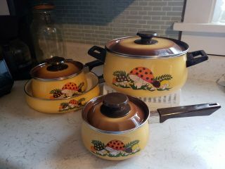 Vintage Sears Merry Mushroom Pots Pans Dutch Oven Retro Kitchen Brown Enamel