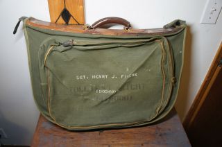 Vintage WW2 US ARMY Named SGT Filson Leather & Canvas Vtg Garment Bag Serviceman 2
