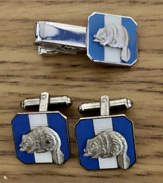 Vintage Boy Scouts Silver Beaver Tie Bar And Cuff Links - Sterling