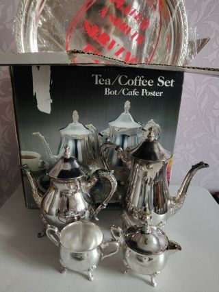 Vintage Silver Plated Tea Coffee Set With Round Tray