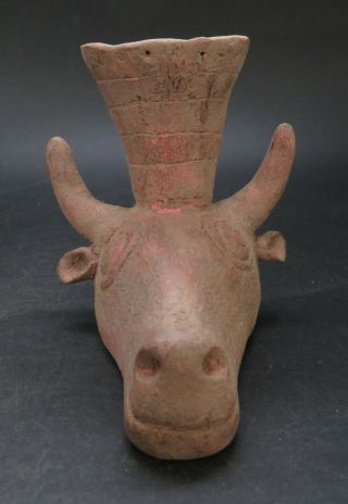 Ancient Persian Terracotta Ceremonial Rhyton Vessel With Bull Head