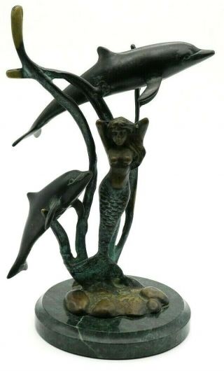 Outstanding Spi Gallery Coral Reef Bronze Mermaid & Dolphins Art Sculpture 9.  6 "