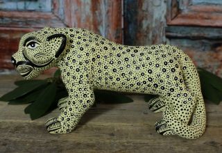 Lg Yellow Jaguar Figure Clay Handmade Mayan Amatenango Chiapas Mexican Folk Art