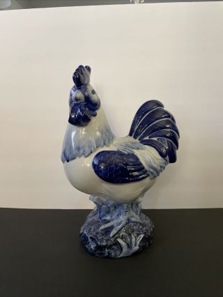 Farmhouse Decor Large Ceramic Rooster Figurine Blue & White 14” H