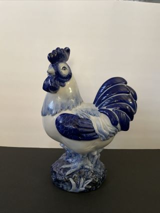 Farmhouse Decor Large Ceramic Rooster Figurine Blue & White 14” H 2