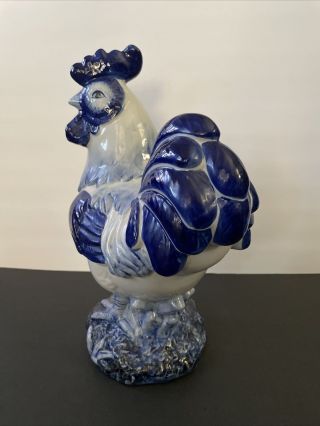 Farmhouse Decor Large Ceramic Rooster Figurine Blue & White 14” H 3