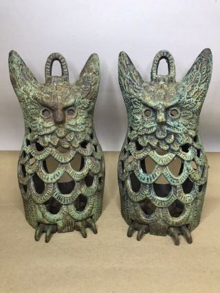 Vintage Set Of 2 Cast Iron Green Owl Candle Holder Garden Lantern Table Top