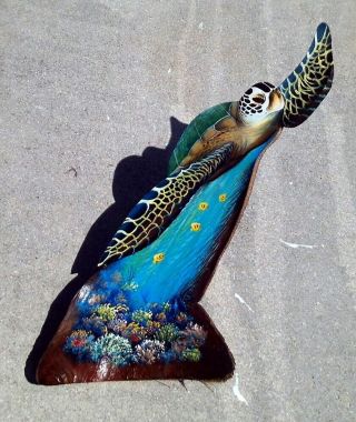 Sea Turtle Hand Carved Painted Florida Palm Tree Frond Art Painting
