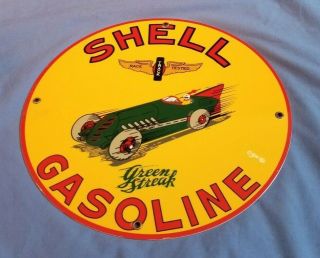 Vintage Shell Green Streak Gasoline Porcelain Motor Oil Race Car Metal Sign