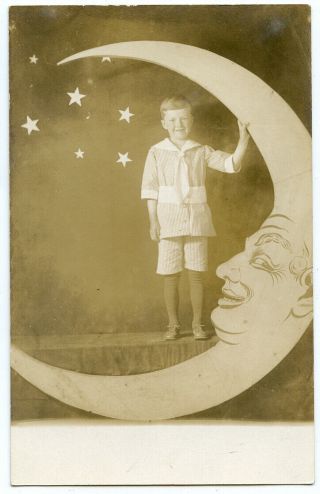 Rppc Paper Moon With Face & Stars Young Boy