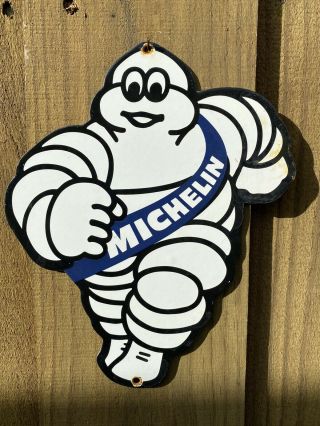 Vintage Michelin Tires Porcelain Metal Sign Usa Oil Lube Gas Station Service Man