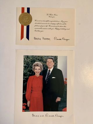 Ronald & Nancy Reagan Signed Photo And Birthday Card W Presidential Seal.