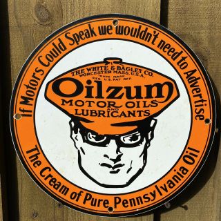 Vintage Oilzum Motor Oil Porcelain Metal Sign Usa Lube Gas Station Pennsylvania