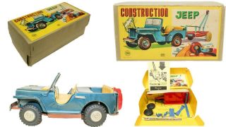 Vintage Japanese Tin Friction " Construction Jeep " With Box