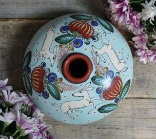Exquisite Vase Handmade & Painted White Deer Tonala Pottery Mexican Folk Art