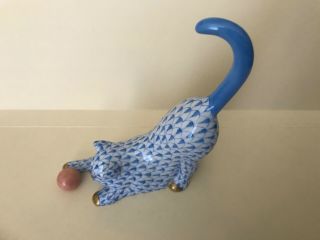 Herend Hungary Cat With Ball,  Blue Fishnet,