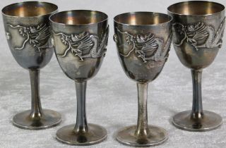 Vtg Chinese Export Pao Chu Dragon Sterling Silver Wine Cup Goblet Set 4 157g
