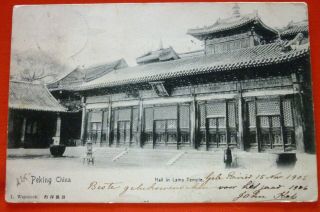 China 1905 Travelled And Stamped Postcard From Peking - Hall In Lama Temple