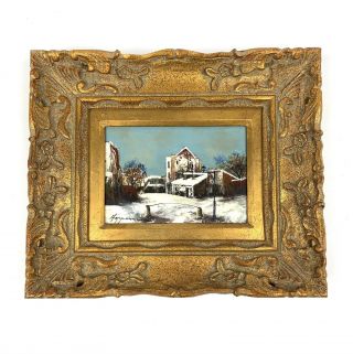 Vintage Oil Painting Winter Scene Gold Ornate Wood Gesso Frame Signed