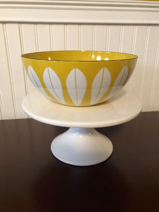 Vintage Cathrineholm Norway Enamel Lotus Bowl Yellow & White Pattern 8 Inch