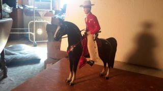 Hartland " Cowboy " Figure On Black Horse W/red Saddle Western Model Figure