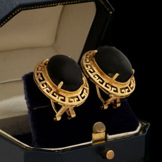 Antique Vintage Deco Retro 14k Yellow Gold Black Onyx Greek Key Cluster Earrings