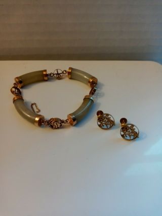 Vintage Green Bracelet & Earrings - 14k Gold - Chinese Character Symbol Charm