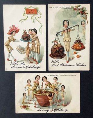 Tuck Fantasy Christmas Postcards (3) Matchstick Dolls,  Christmas Pudding,  Goose
