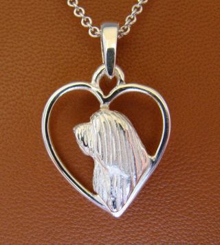 Sterling Silver Bearded Collie Head Study On A Heart Pendant