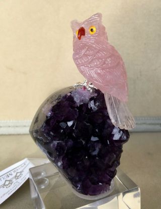 Rose Quartz Owl on Amethyst Crystal Base 4 1/4 
