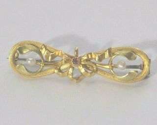 14k Solid Gold French Art Nouveau Rolled Gold Ruby And Seed Pearl Antique Brooch
