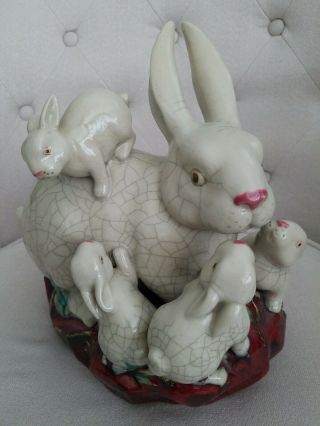 Vintage Crackled Glaze Ceramic Pottery Sculpture,  Bunny Rabbit And Baby Bunnies