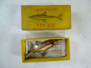Vintage Fred Arbogast Tin Liz Akron Oh Fishing Bait Lure Fish W/ Box Glass Eye