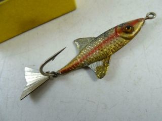 Vintage Fred Arbogast Tin Liz Akron OH Fishing Bait Lure Fish w/ Box Glass Eye 2