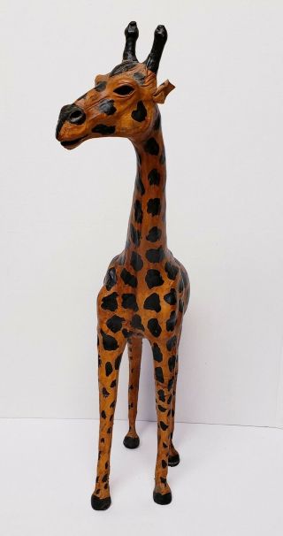Vtg Giraffe Statue Leather Wrapped 23 " Tall Large Safari Decor Figure Zoo Animal