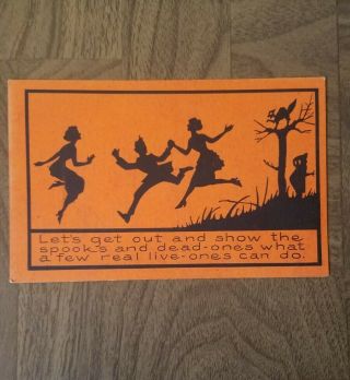 Halloween Postcard By Whitney Silhouette Of Children On Orange Background Ca1910