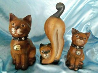 Rare Vintage Walnut Solid Wood Hand Carved Cats 10 "