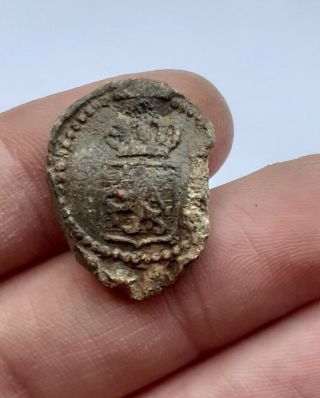 Post Medieval Lead Bag Seal Heraldic Lion & Crown Metal Detecting Find (5)