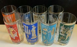 Vintage Mcm Libbey International Cities Of World Drinking Glasses Tumbler Set 8