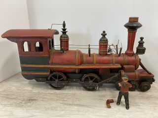 Antique Hand Crafted Wood & Metal Train Locomotive Engine Toy Vintage