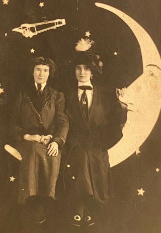 Studio Real Photo Rppc Two Women In Mannish Clothes Hold Hands Sit On Paper Moon