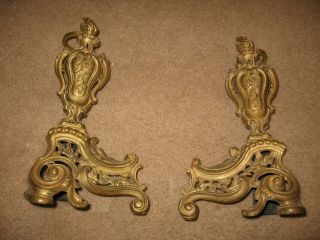Vintage French Style Brass Fireplace Andirons With Column & Torch Design