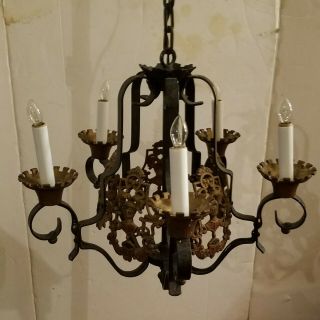 Antique Deco Victorian Gothic 5 Light Wrought Iron Chandelier W/plaques - 19 "