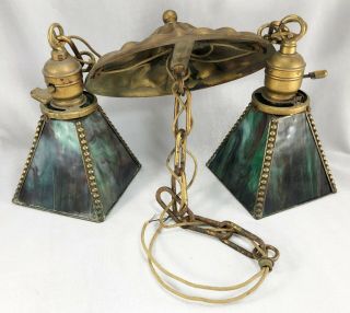 Antique Hanging Chained Double Light Fixture Green Swirled Stained Glass