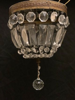Vintage Brass Crystal Beaded Basket Flush Mount Chandelier Ceiling Light 8”